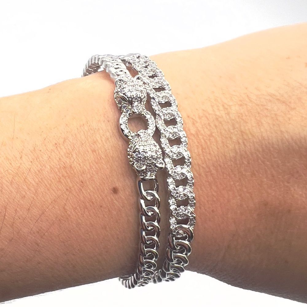14k white gold filled double-bangle panther bracelet Cuban link